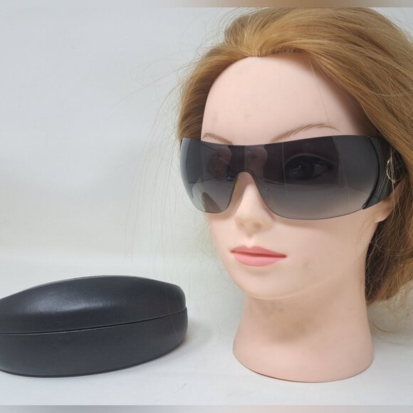 Prada Sunglasses Shield Rimless Oversized Wrap Tinted Black Logo Y2K SPR 16H - Picture 2 of 16